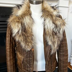 Guess Brown faux leather Jacket with Faux Fur Trim. Distressed look.